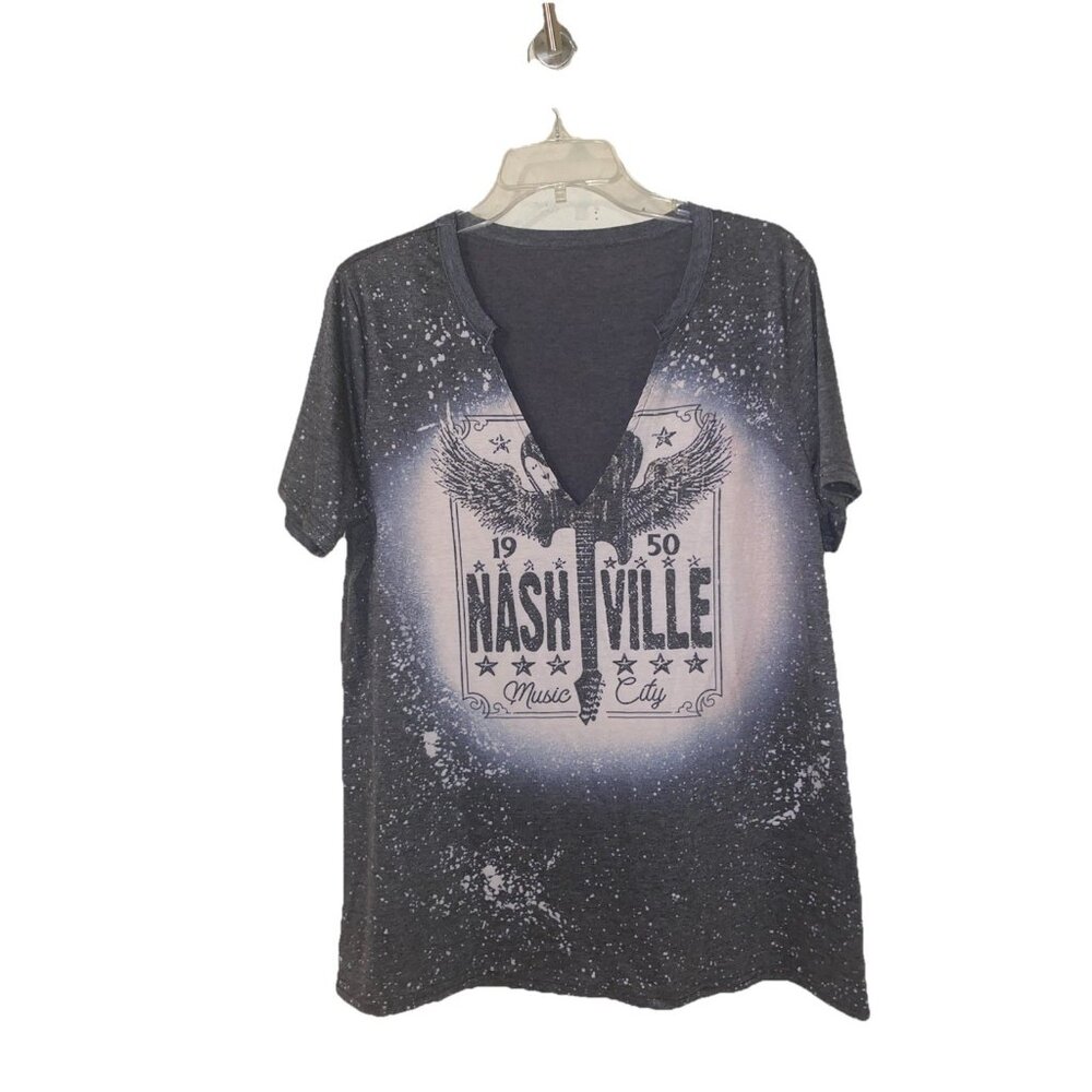 T-Shirt V-neck Women Gray Nashville Music City Country Large Western